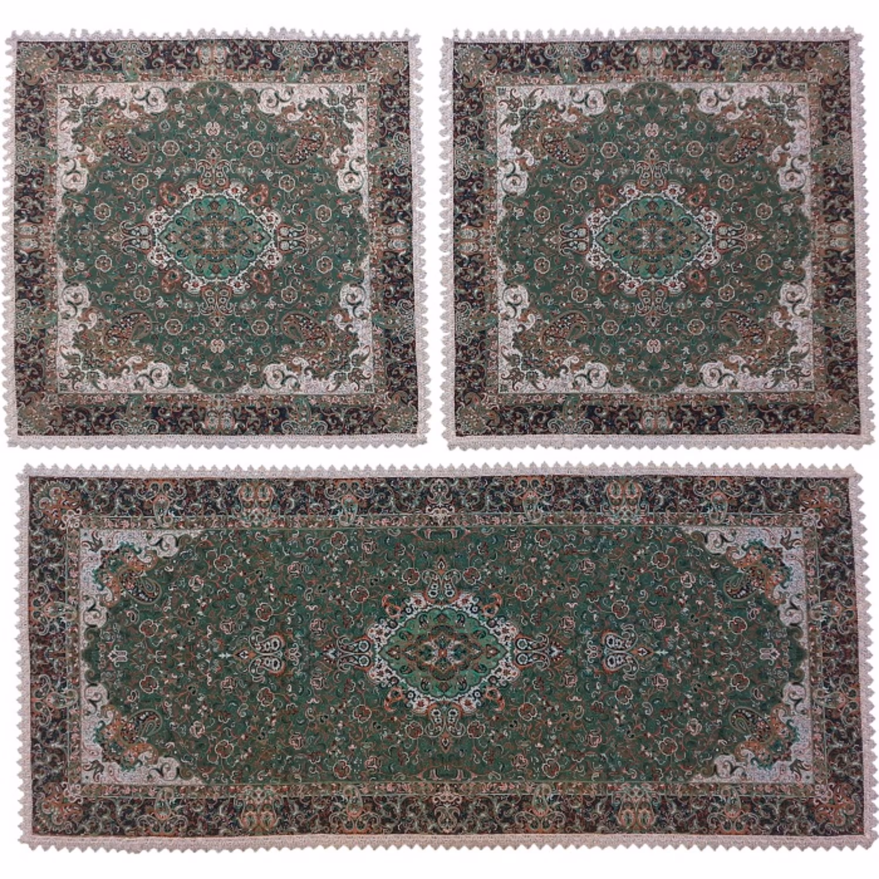 رومیزی سرویس ترمه ابریشم  کد TRSETE7 نفیس  رنگ سبز تیره  آستر سبز تیره