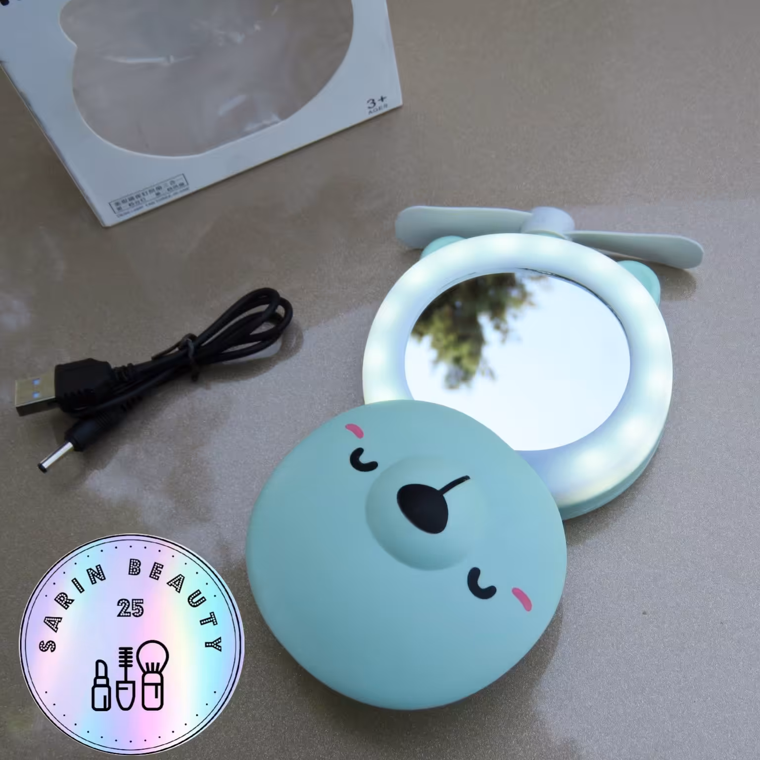 مینی‌فن 3کاره خرسی(رینگ‌لایت، آینه،پنکه)شارژی