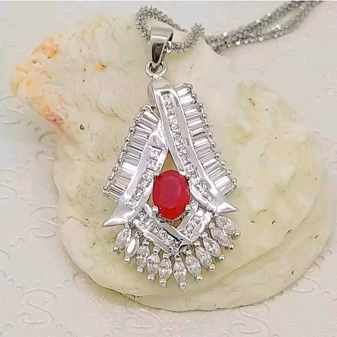 آویز نقره تایلندی یاقوت قرمز اصل با آبکاری طلا سفید