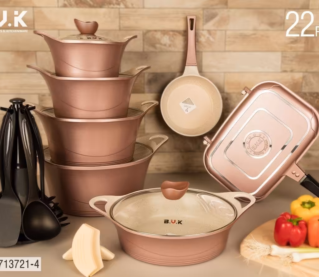 سرویس قابلمه گرانیتی 22پارچه B.V.K رنگ رزگلد