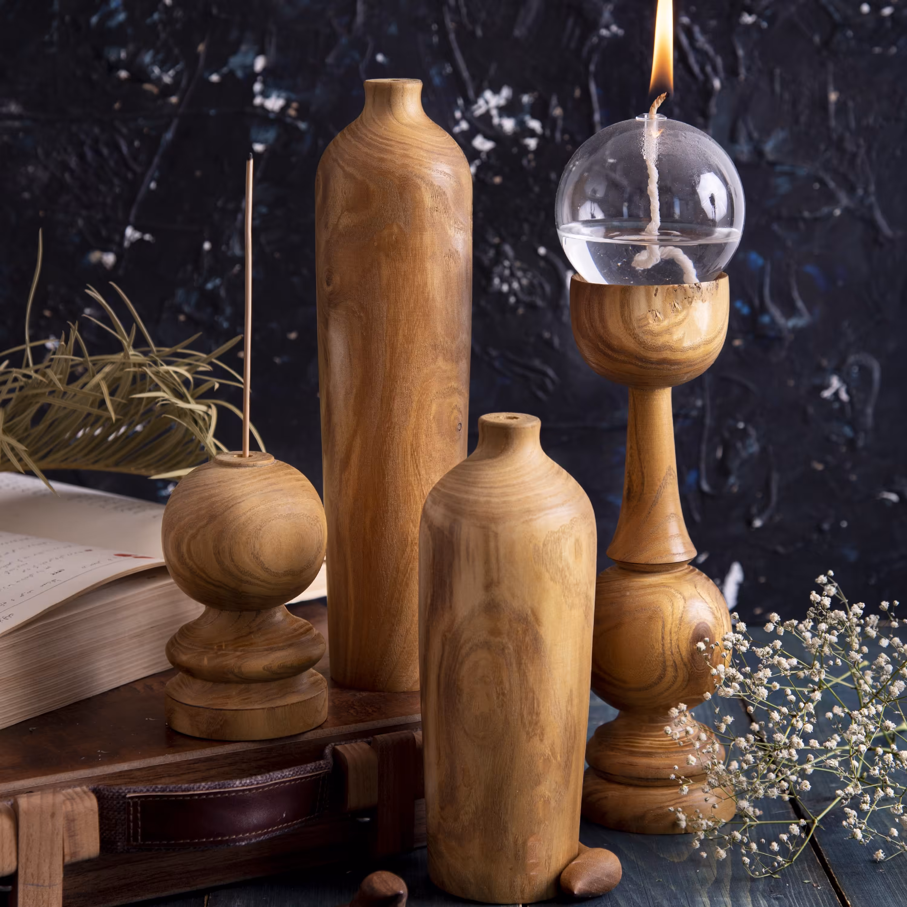 ست گلدان وشمعدان وجاعودی چوبی