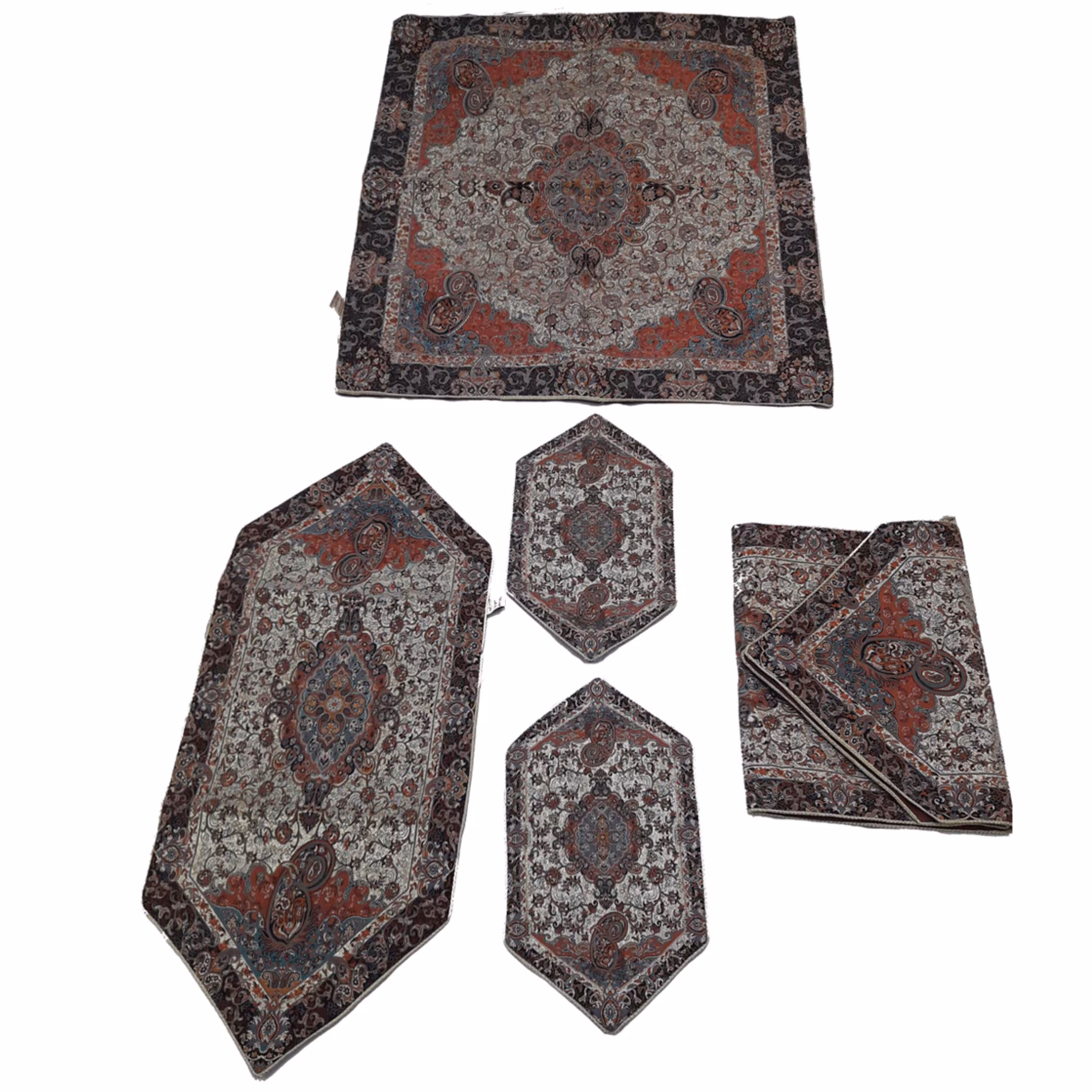 ست رومیزی 5تکه ترمه گل افشان طلایی چند رنگ(کد 40008)