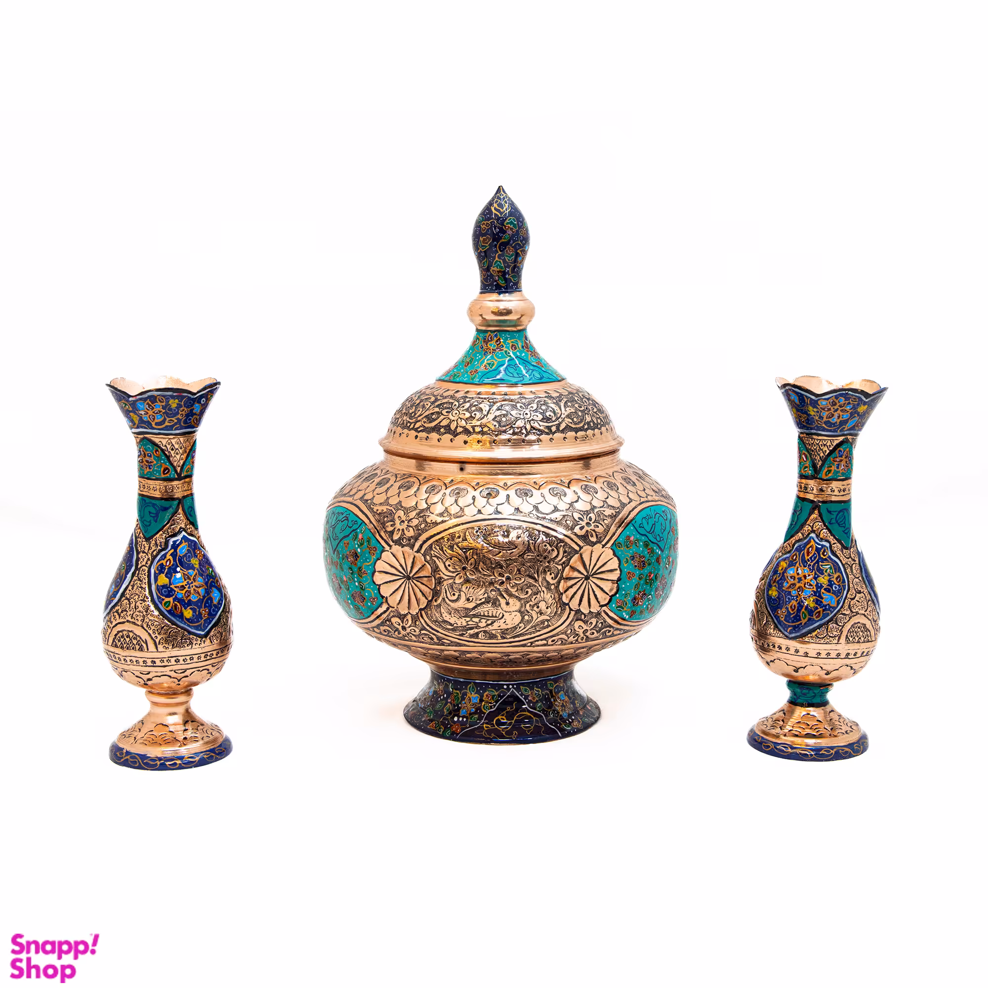 ست شکلات خوری و گلدان مسی قلم زنی طرح تذهیب کد 7035 مجموعه 3 عددی