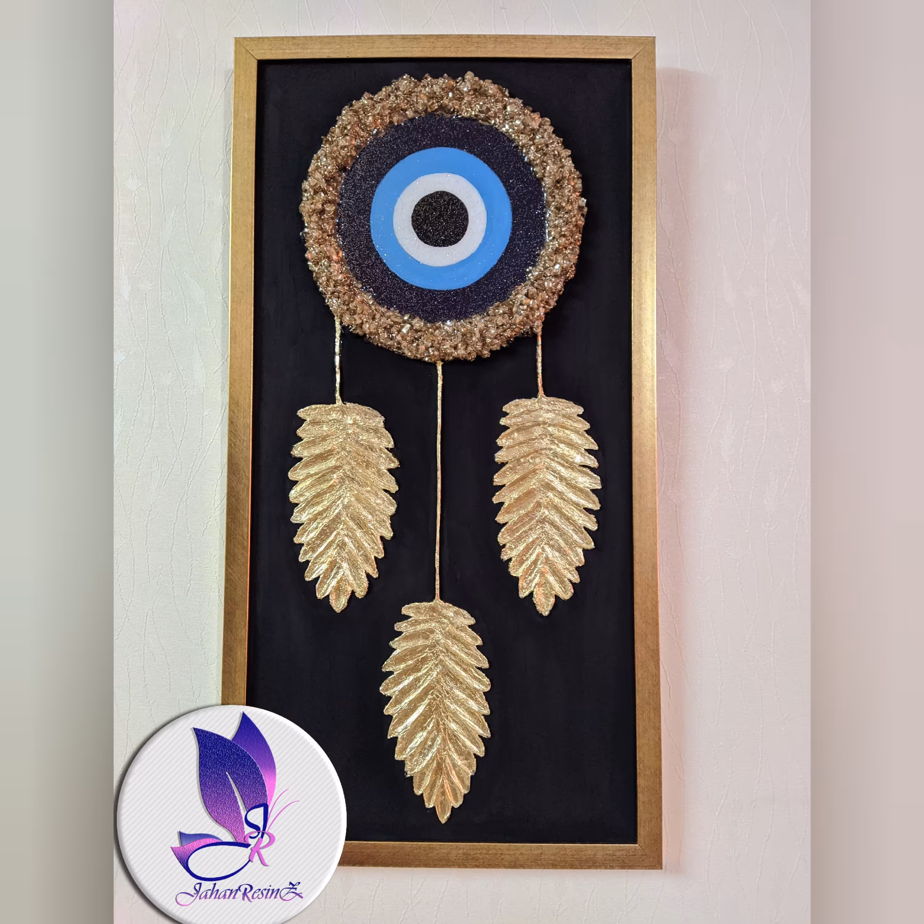 تابلو چشم نظر رزینی ورق طلا40در 50 کریستال(ارسال رایگان)(سفارش در سایز مختلف) نشکن جهان رزینز