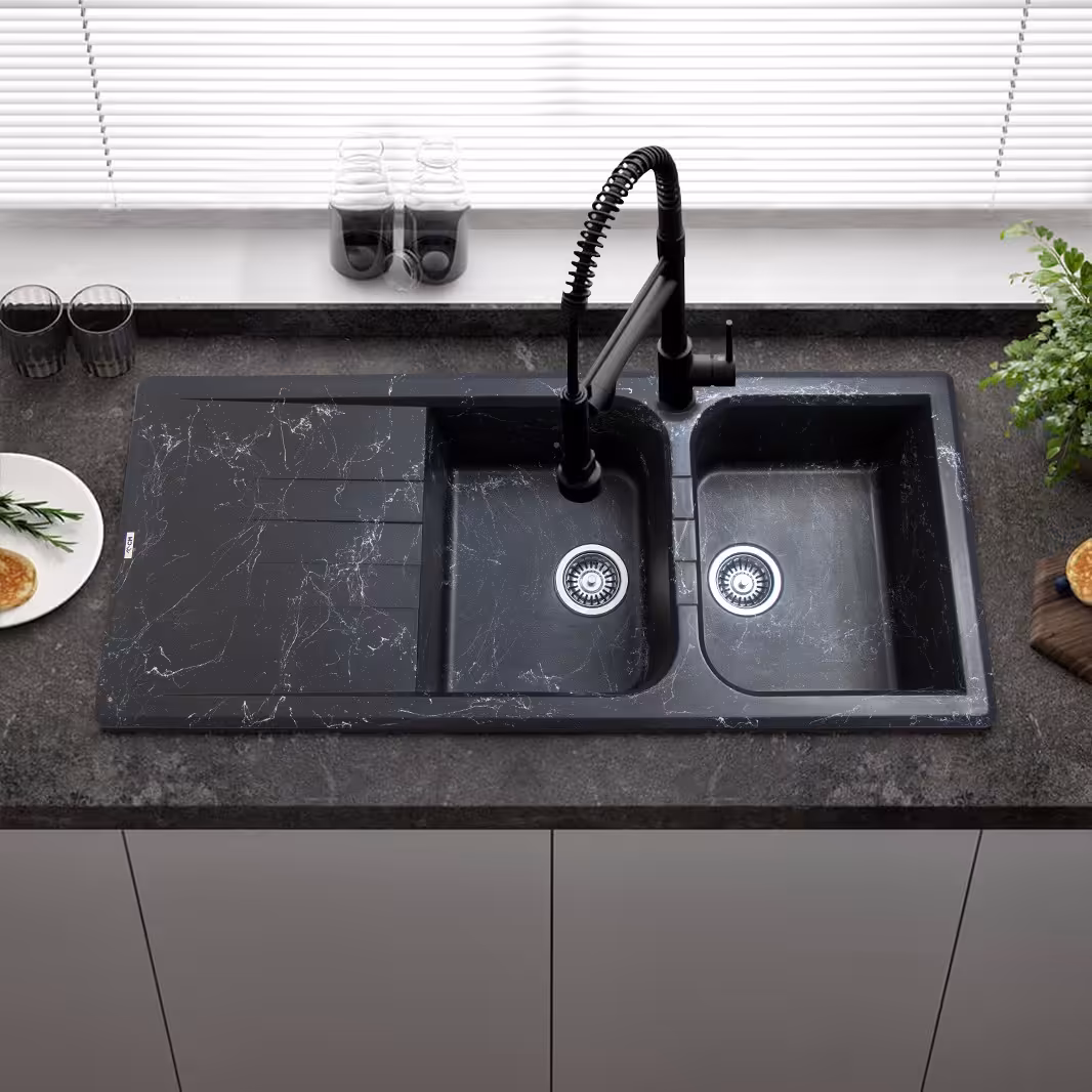 سینک گرانیتی مشکی نقره ای رگه دار  دولگنه سینی دار