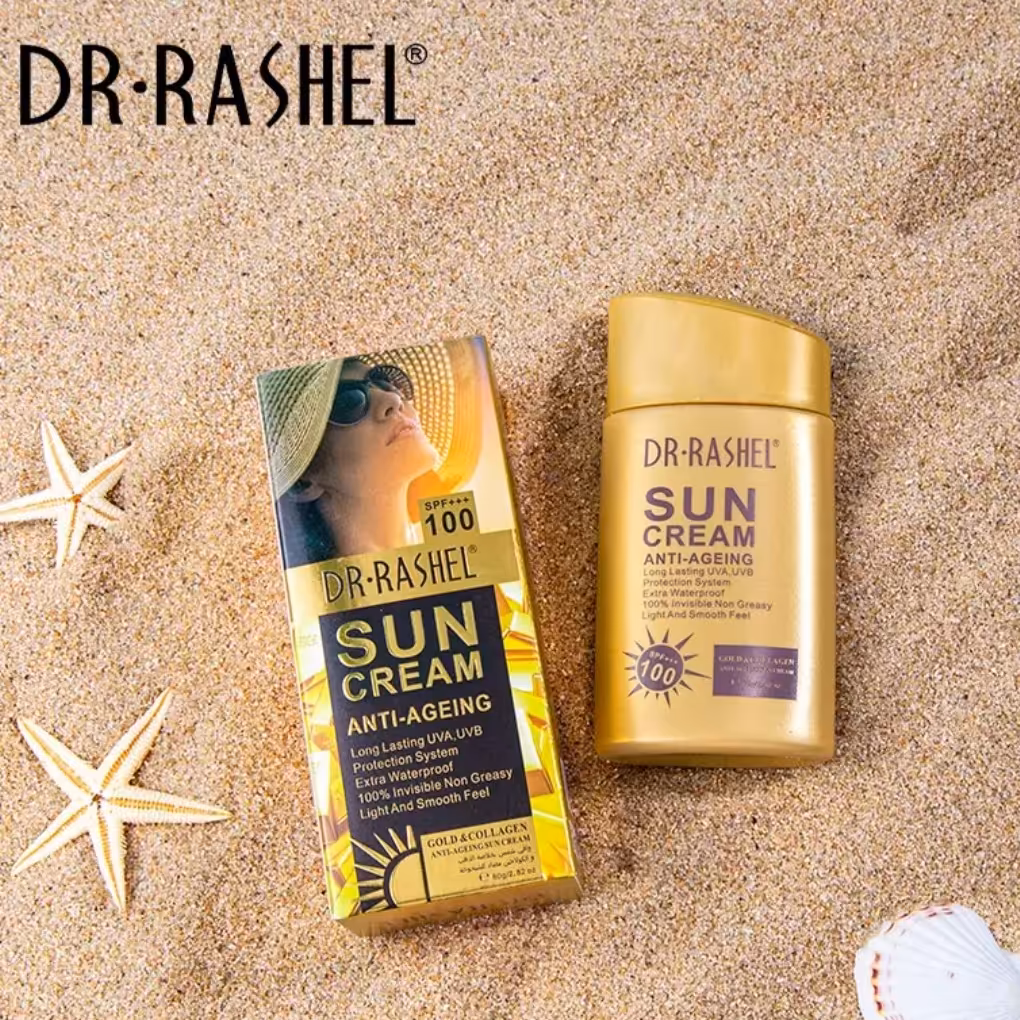 کرم ضد آفتاب طلا کلاژن ضد پیری دکتر راشل spf 100 با محافظت بالا
