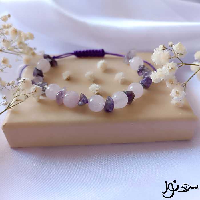 دستبند تمام سنگ آمیتیست و رزکوارتز