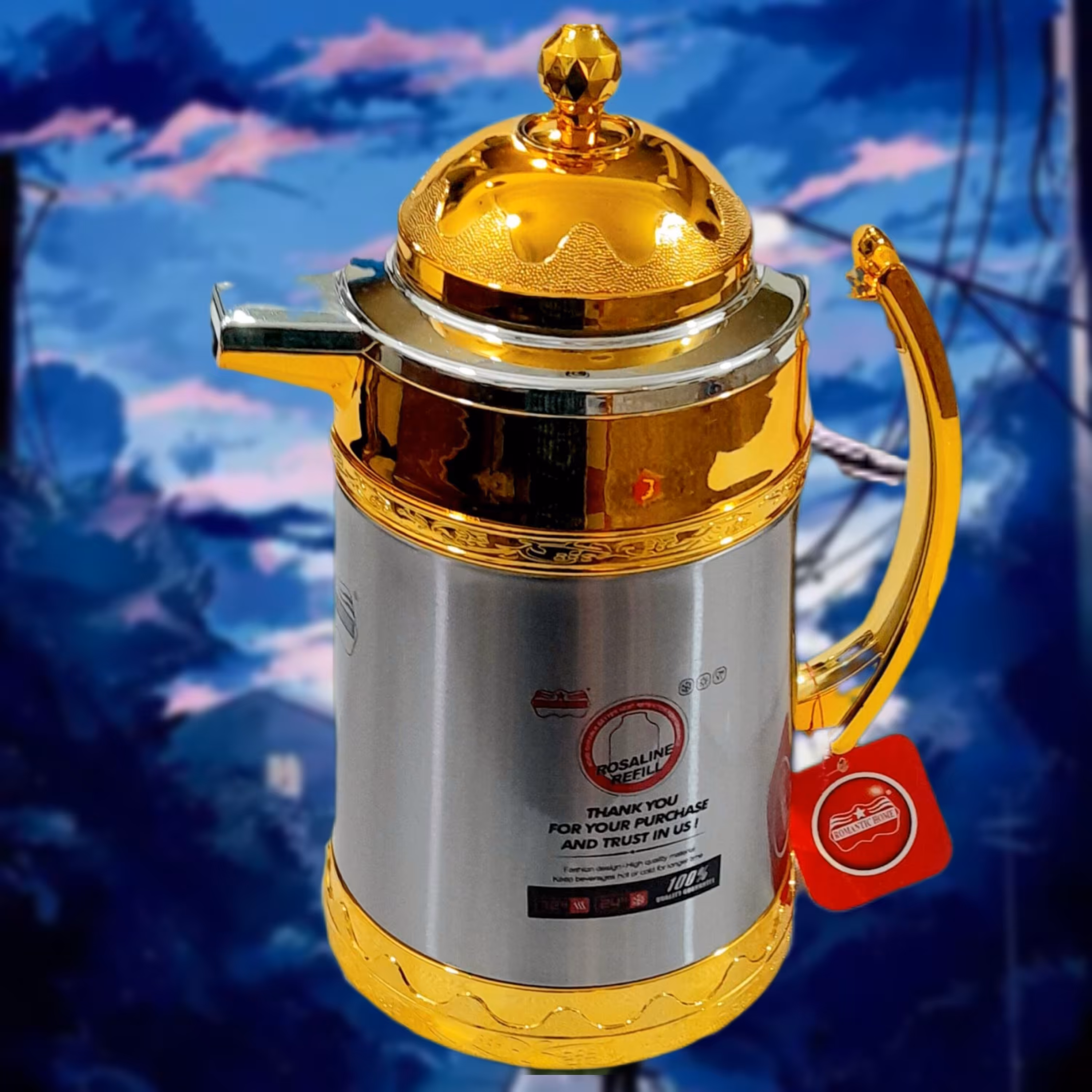 فلاسک یک لیتری  طرح سروکف طلایی رومانتیک هوم، بدنه استیل وشیشه صورتی، درب پیچی.جعبه کادویی