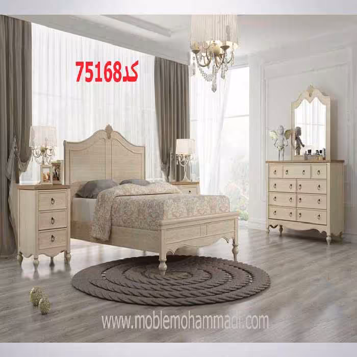 سرویس خواب ام دی اف و چوبی کد75168شامل تخت/پاتختی/دراور/قاب اینه