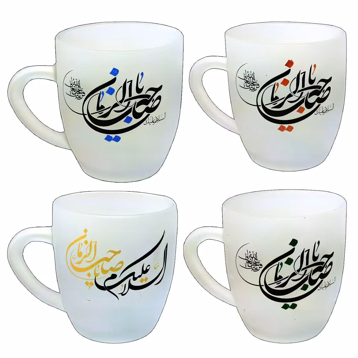 102753-لیوان شیشه ای مذهبی دسته دار مات السلام علیک یا صاحب الزمان-در 4 رنگ(قرمز-طلایی-سبز-آبی)
