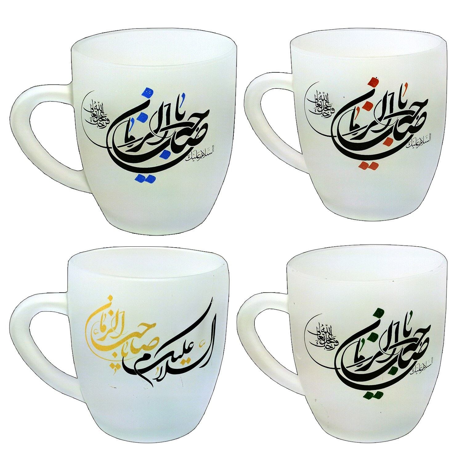 102753-لیوان شیشه ای مذهبی دسته دار مات السلام علیک یا صاحب الزمان-در 4 رنگ(قرمز-طلایی-سبز-آبی)