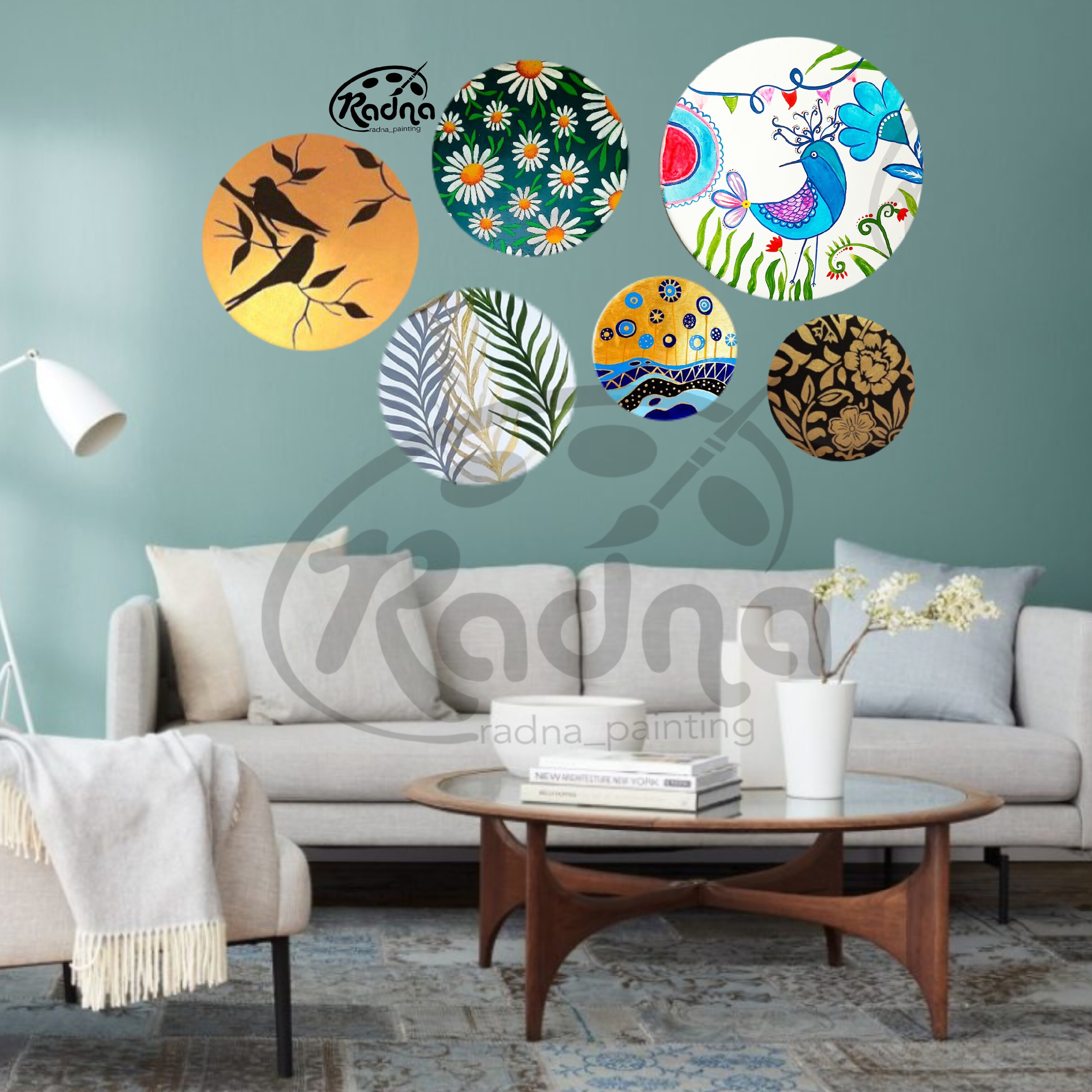 دیوارکوب سفالی ست شاد بابونه و گل و مرغ و برگ سایزهای 20سانتی1عددسایز15سانتی سه عدد و 10 سانتی 2عدد
