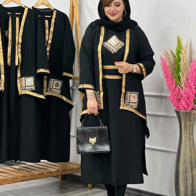 پیراهن مهمانی زنانه کرپ مدل ست سه تیکه کت و سارافون و کمربند بابوس مدل خجسته