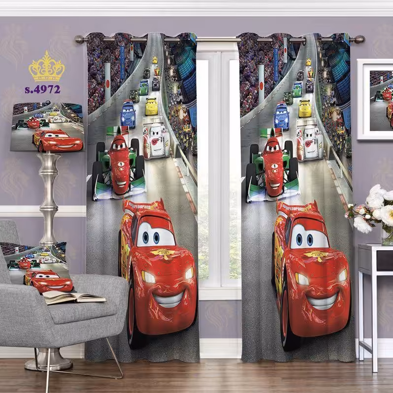 پرده اتاق خواب پسرانه دو قواره طرح کارتون ماشین ها کد S4972