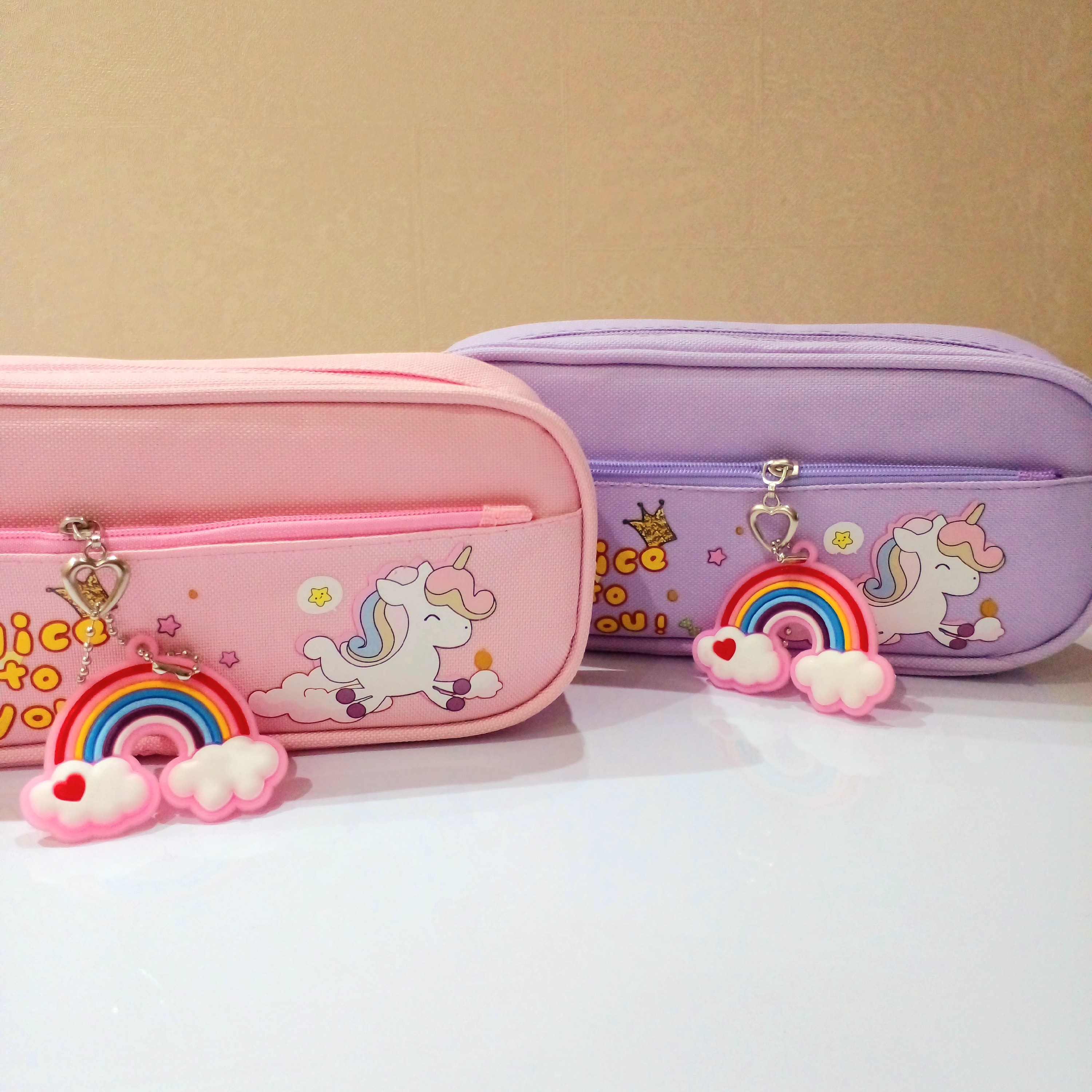 جامدادی فانتزی یونیکورن و رنگین کمان صورتی بنفش ( کیف جا مدادی برزنتی پاستلی تک شاخ تکشاخ یونی کورن پونی یونیکرن )