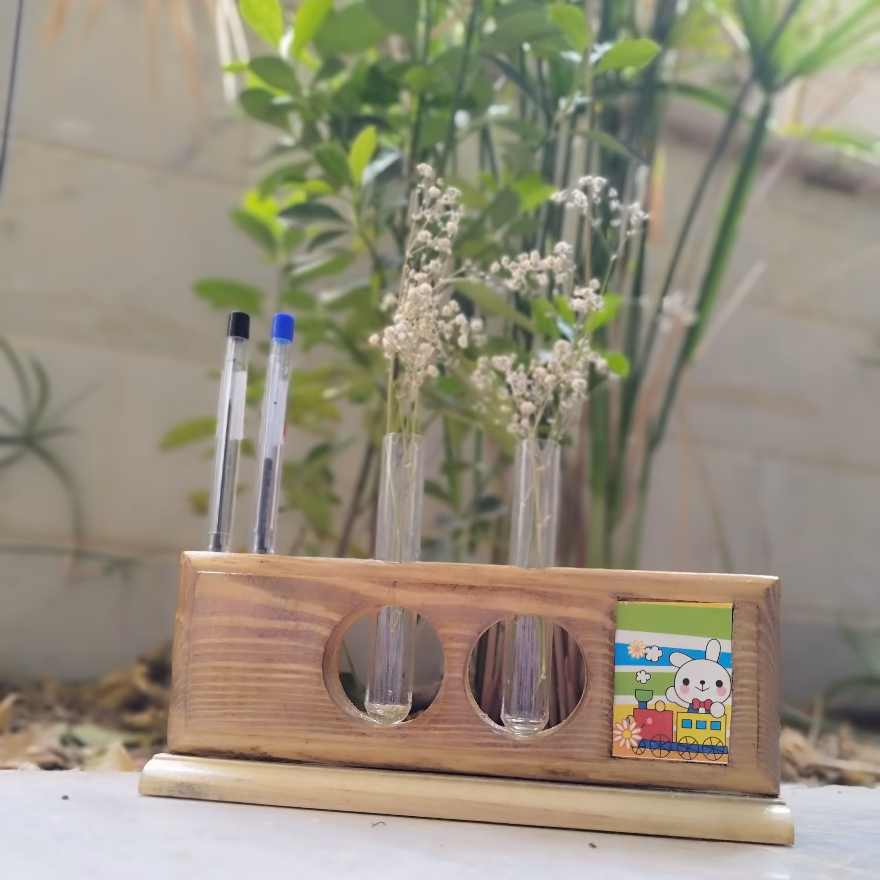 گلدان هیدروپونیک  دوتایی وجامدادی رومیزی چوبی 