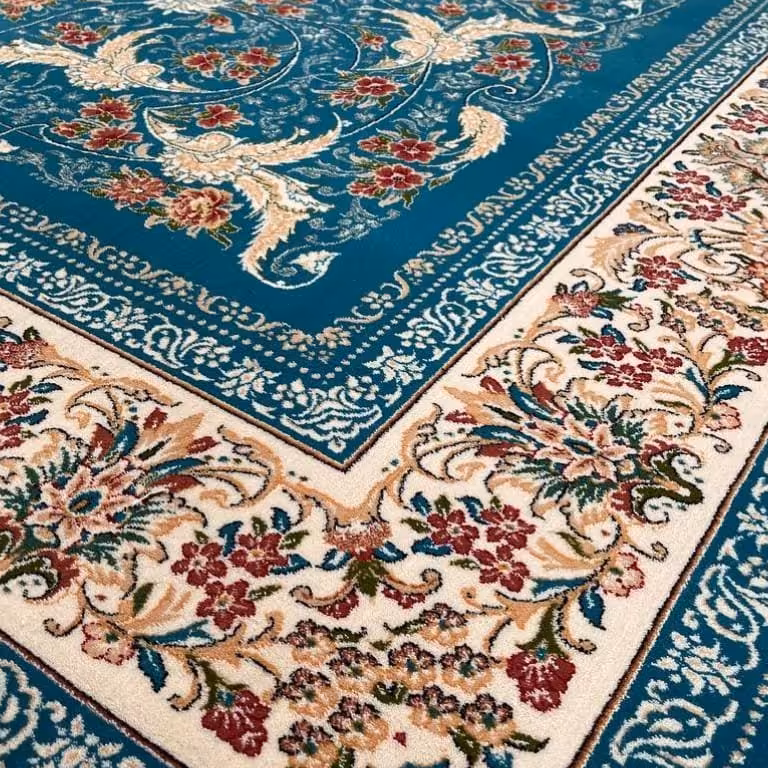 فرش طرح درباری آبی، 6 متری، وزن 40 کیلوگرم. رنگ سورمه ای، فیلی، کرم