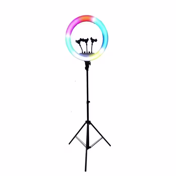 رینگ لایت دارای سه پایه دو متری قابلیت تنظیم 7 رنگ RGB مدل cxb-rgb460