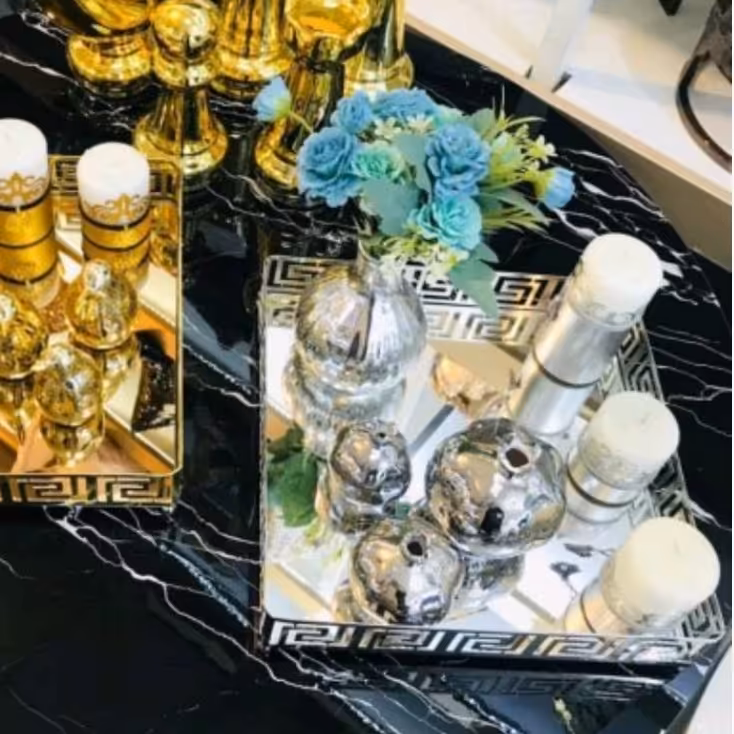 سینی آینه ای طرح ورساچ نقره ای مربع(بدون متعلقات)