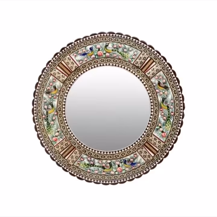 قاب آینه گرد لبه دالبری خاتم کاری مدل گل و مرغ سبز و آبی برجسته(گارانتی 120 ماهه)(سایز یک)