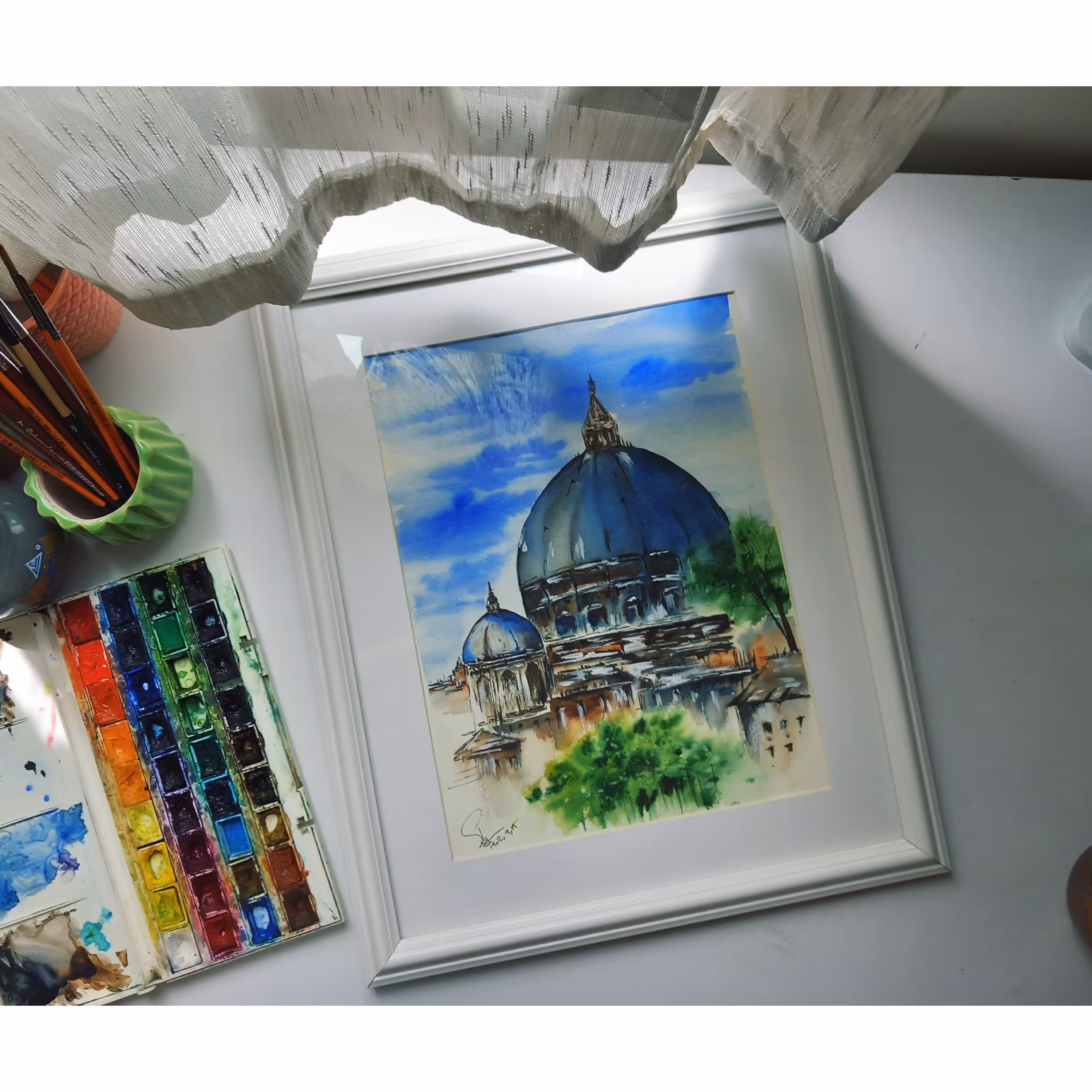 تابلو آبرنگ  اورجینال همراه با قاب و پاسپارتو 