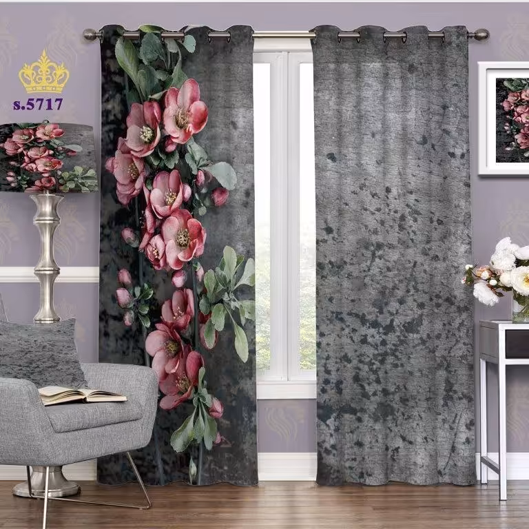 پرده پذیرایی دو قواره پانچ گلدار طرح شکوفه بهاری کد S5717