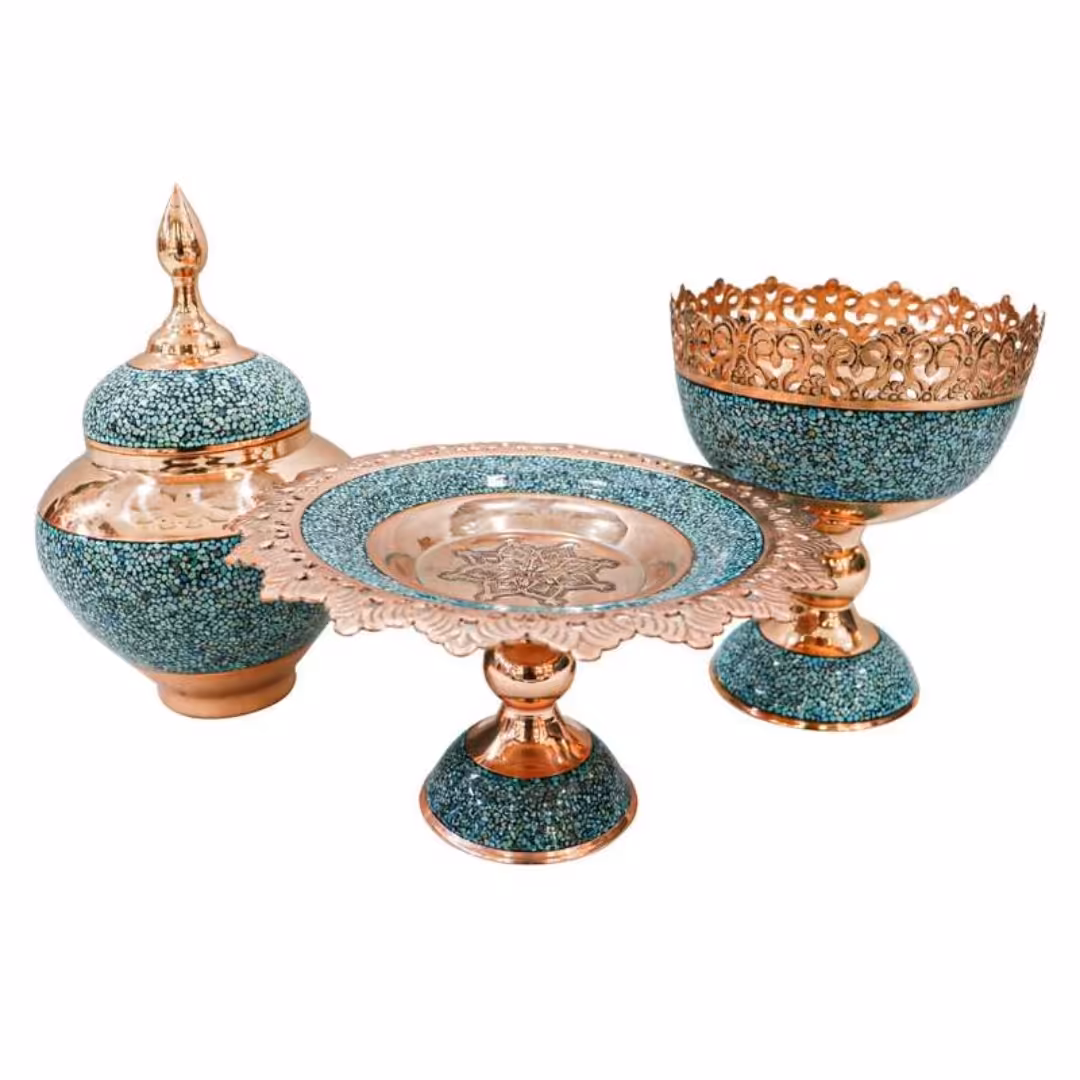 ست سه تکه سرویس فیروزه کوبی نیشابور شیرینی خوری و آجیل خوری و قندان یا شکلات خوری فیروزه کوبی 22 س صنایع دستی سایروس 