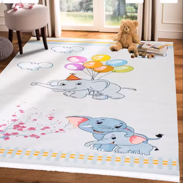 فرش ماشینی کودک (شش متری3در2) طرح فیل و بادکنک کد 100254