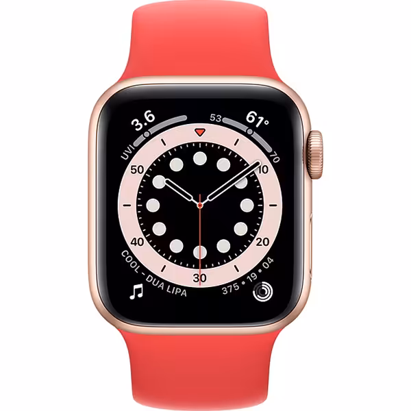 سری 6 آلومینیوم 40 میلیمتری زنانه قاب طلایی با بند سولو لوپ قرمز - Hiapple.ir