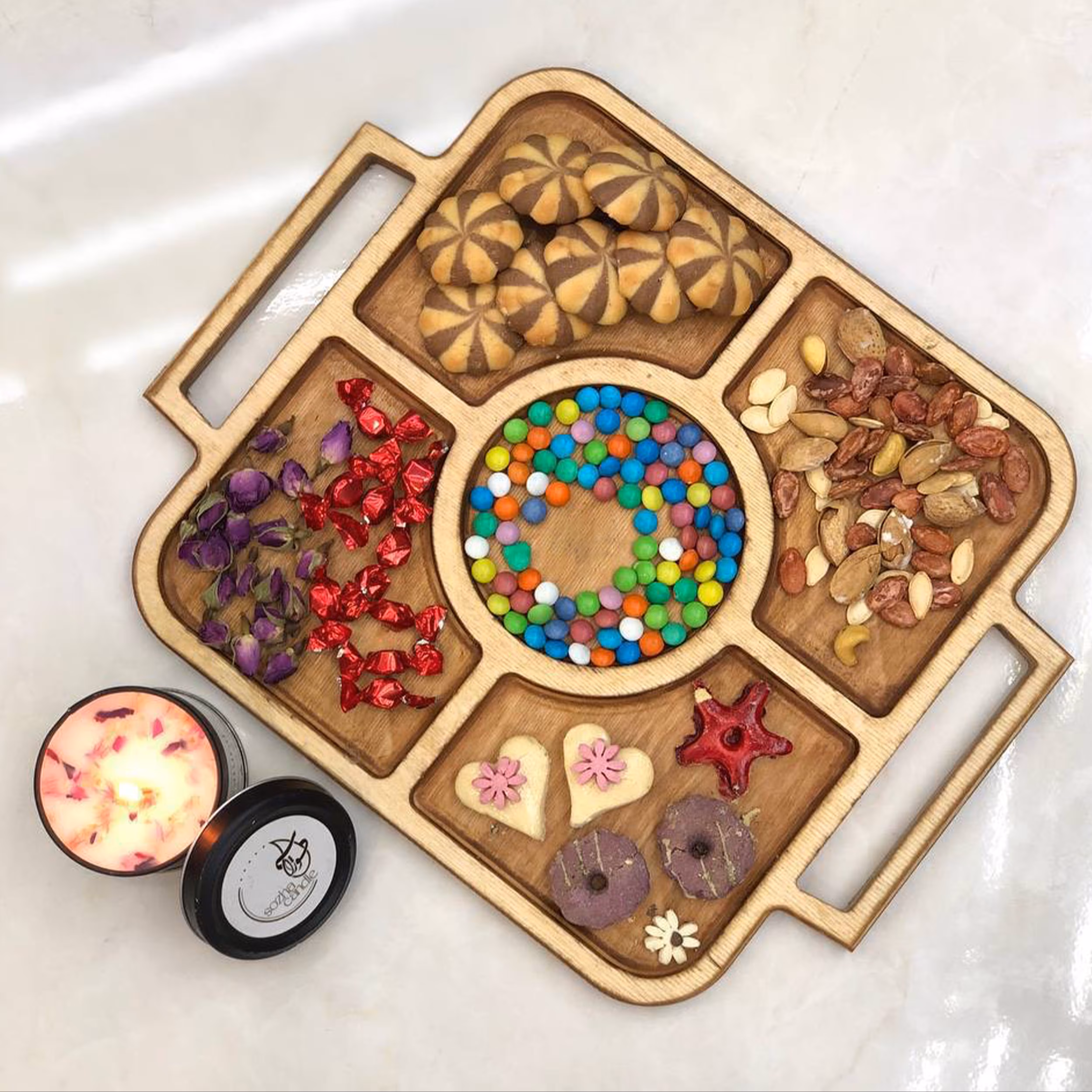 ظرف اردوخوری چوبی 5 خانه مربع دسته دار کد TSW-01