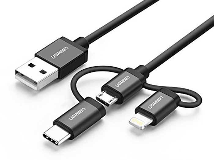 کابل شارژ و انتقال داده سه سر میکرو یو اس بی و تایپ سی و لایتنینگ یوگرین Ugreen US186 3 in1 USB Cable With MFI Certificated Lightning