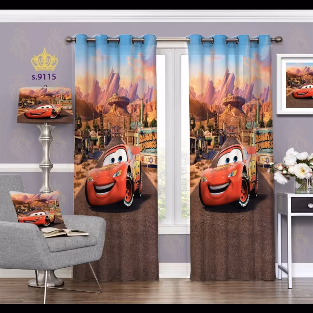 پرده اتاق خواب پسرانه دو قواره طرح انیمیشن ماشین ها کد S9115