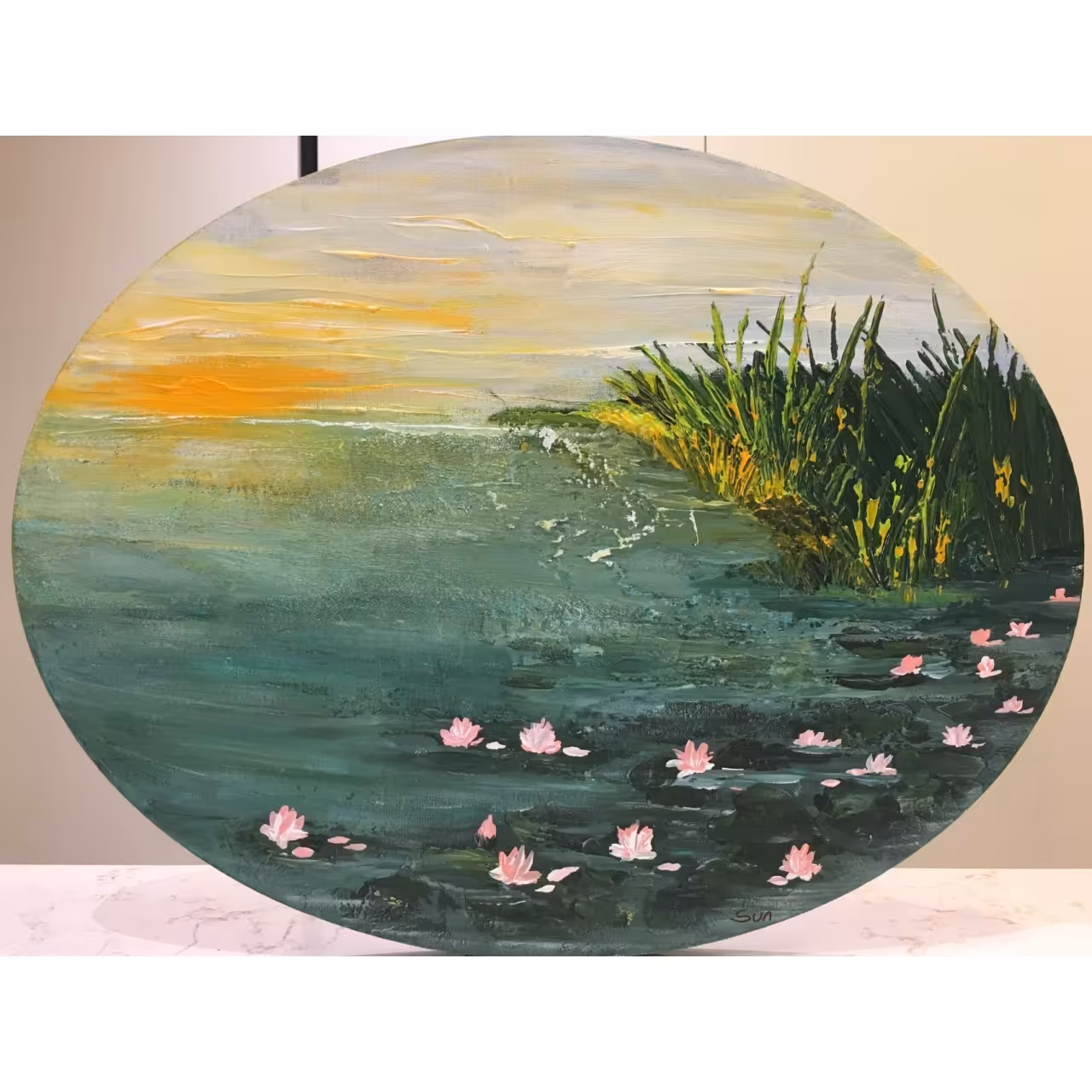 تابلو نقاشی آبستره طرح نیلوفرهای آبی2