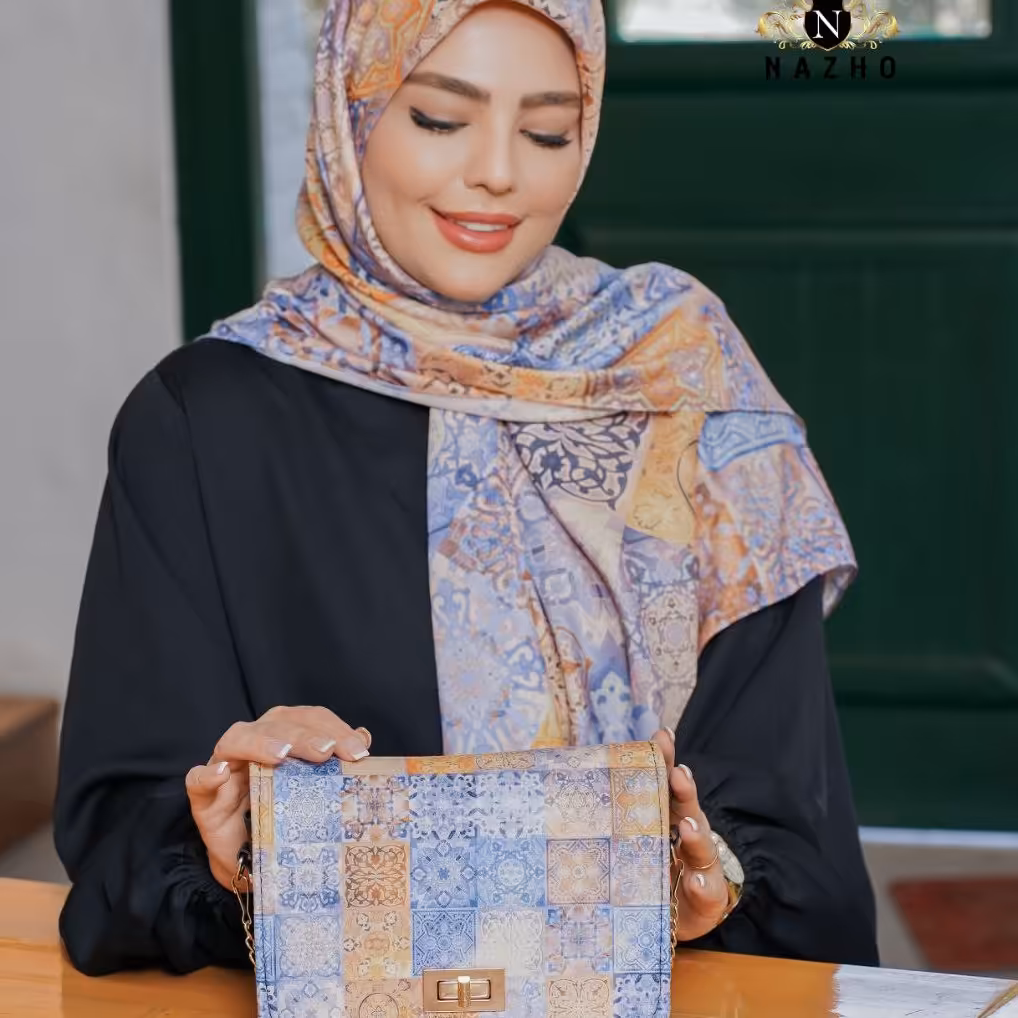 ست کیف و شال زنانه مجلسی رنگ آبی و زرد طرح سنتی کیف پاسپورتی کوچک با ارسال رایگان na27