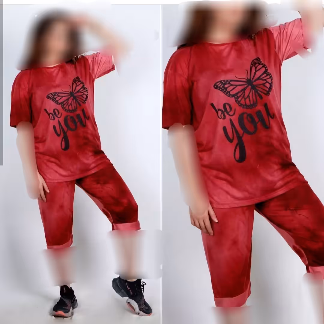 ست تیشرت و شلوارک سایز بزرگ  فری سایز تا 50 طرح پروانه