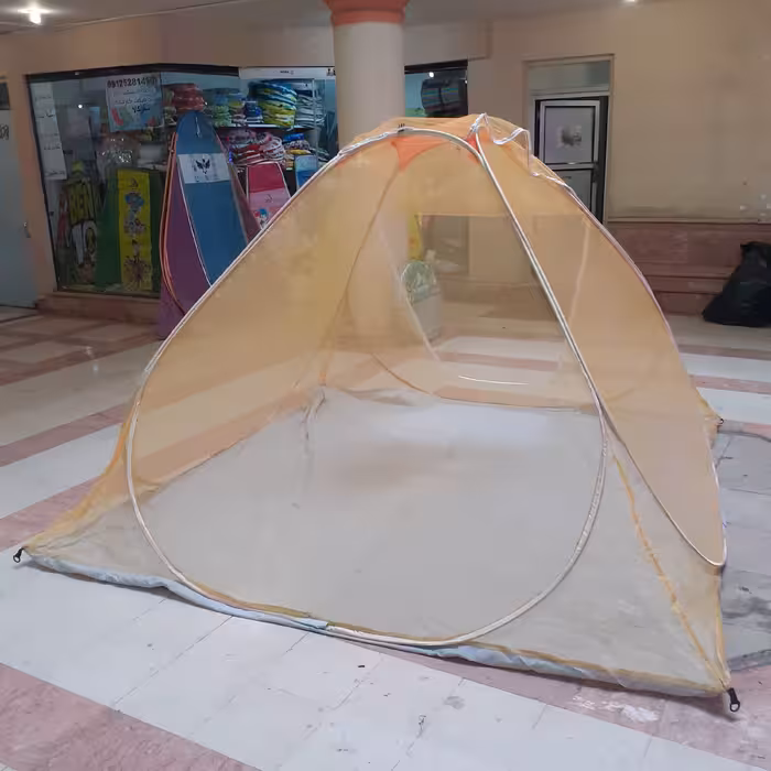 پشه بندمسافرتی فنری12نفره کف ضخیم تورحریر رنگ لیمویی ریزبافت