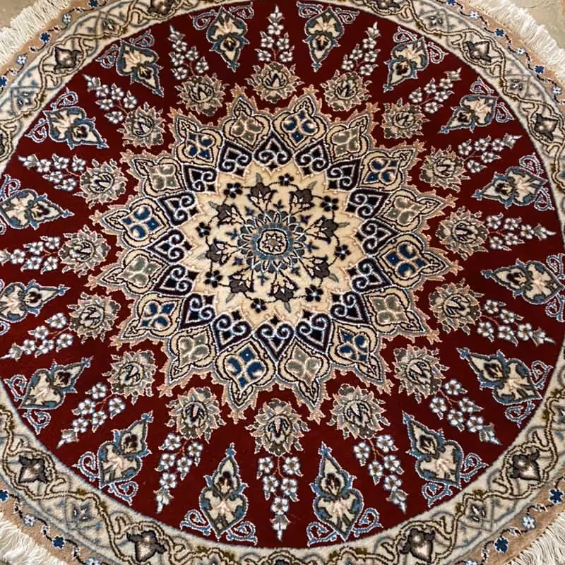 فرش دستبافت دایره 120در 120 نایین. ابریشم دار. چله نخ.  9لا. اعلا بافت. 