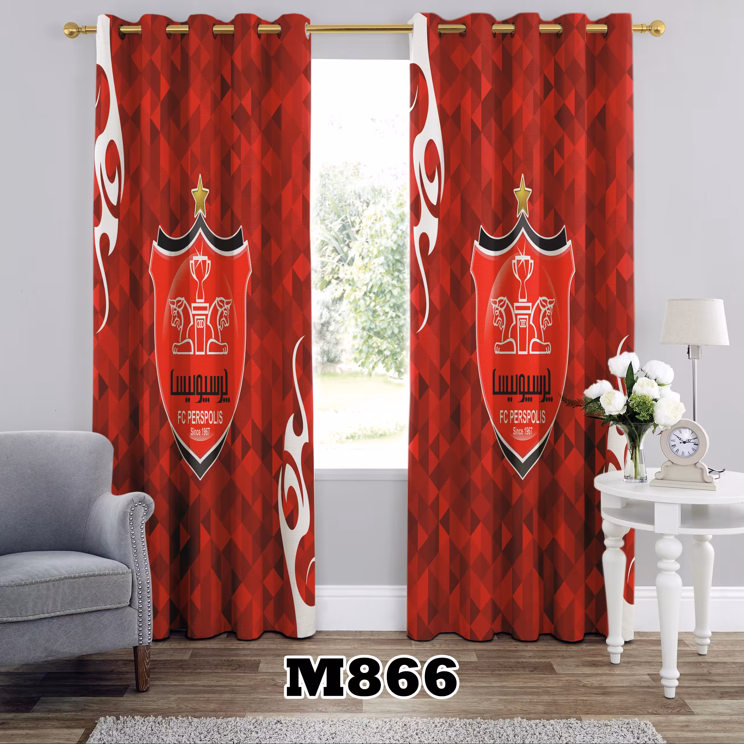 پرده چاپی طرح پرسپولیس کد m866 تک قواره ارتفاع300 عرض 140 سانت