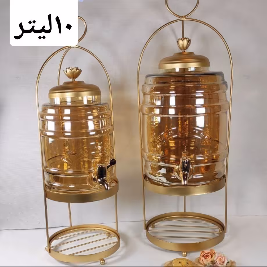 کلمن شیشه ای پایه فلزی 5لیتری و شیشه رنگ طلایی 