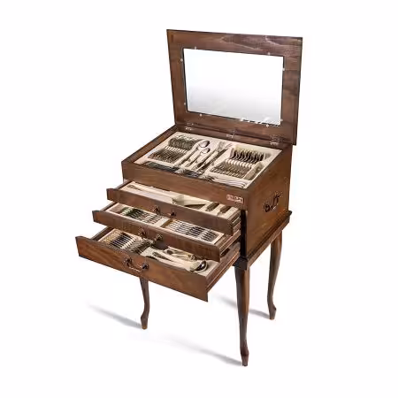 سرویس قاشق و چنگال 12 نفره ناب استیل طرح فلورانس دور طلایی (148 پارچه) بعلاوه کنسول چوبی