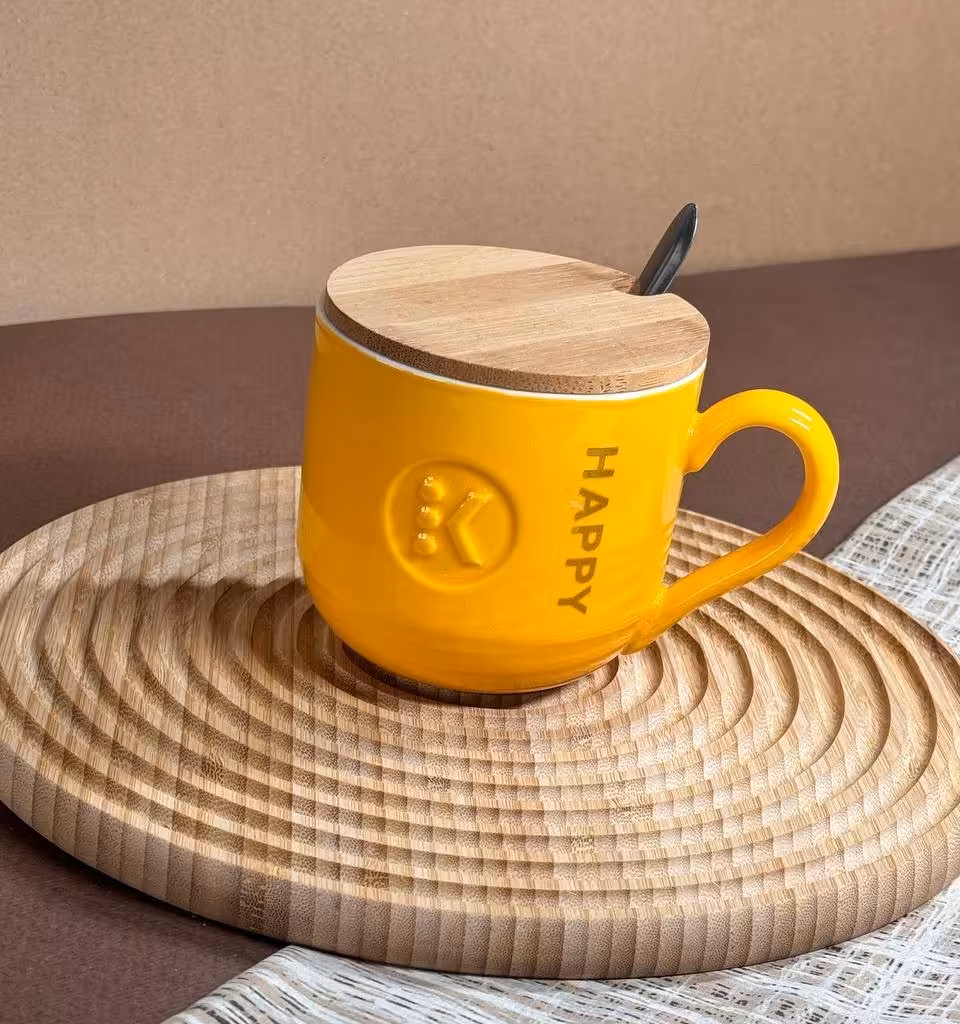 ماگ سرامیکی قاشق دار درب بامبو طرح HAPPY