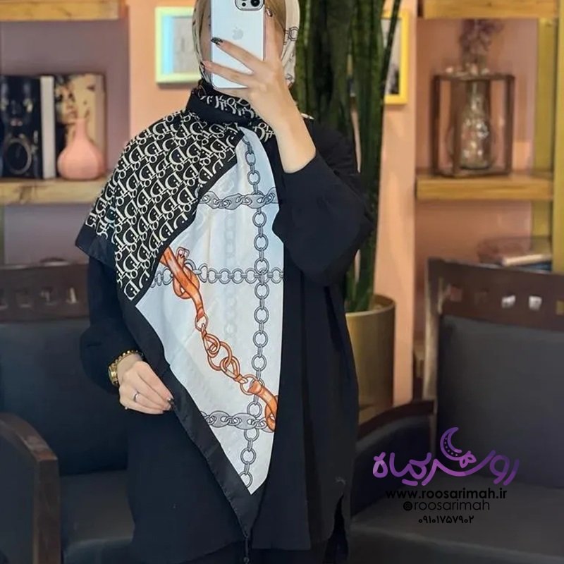 روسری طرح زنجیر و قفل سفید مشکی دور دوخته و منگوله دار خوش ایست قواره 140