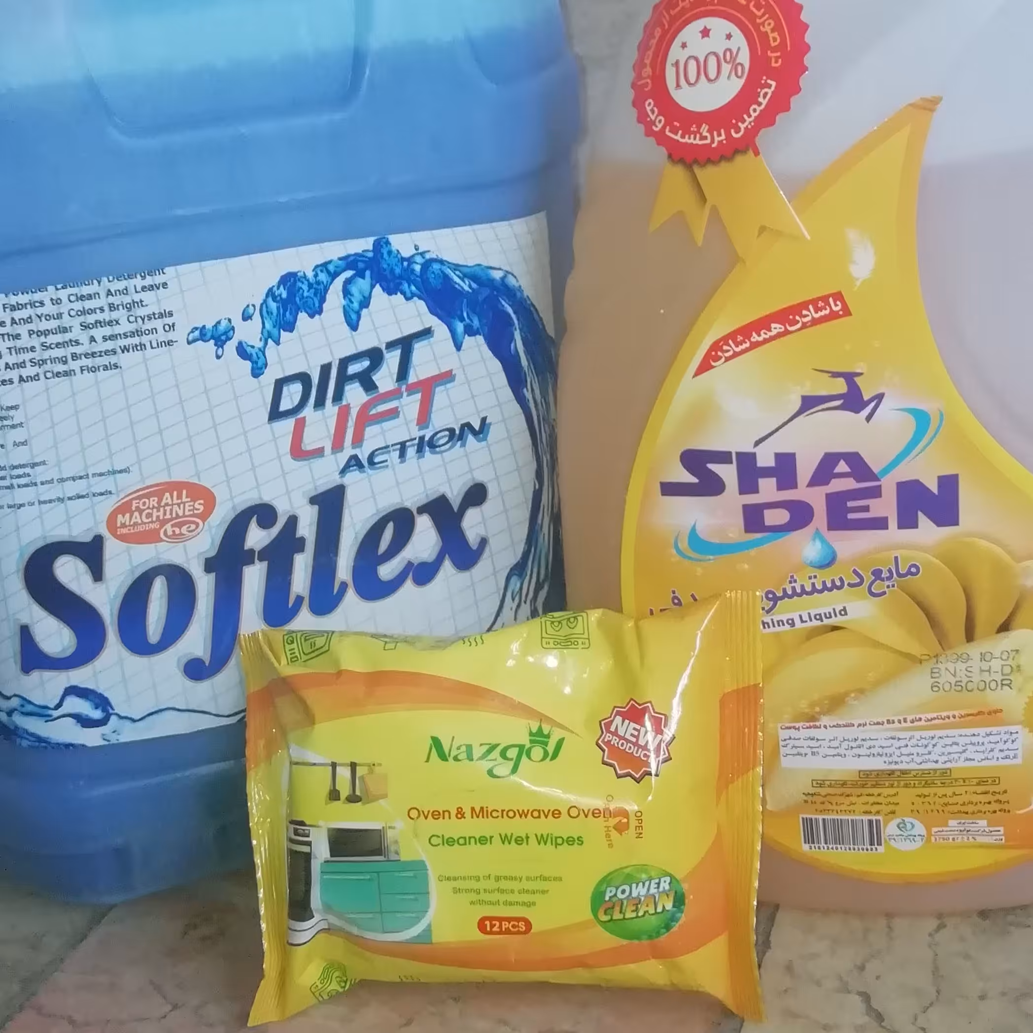 مایع لباسشویی 10لیتری، مایع دستشویی 4لیتری و دستمال مرطوب مخصوص گاز وسطوح کثیف