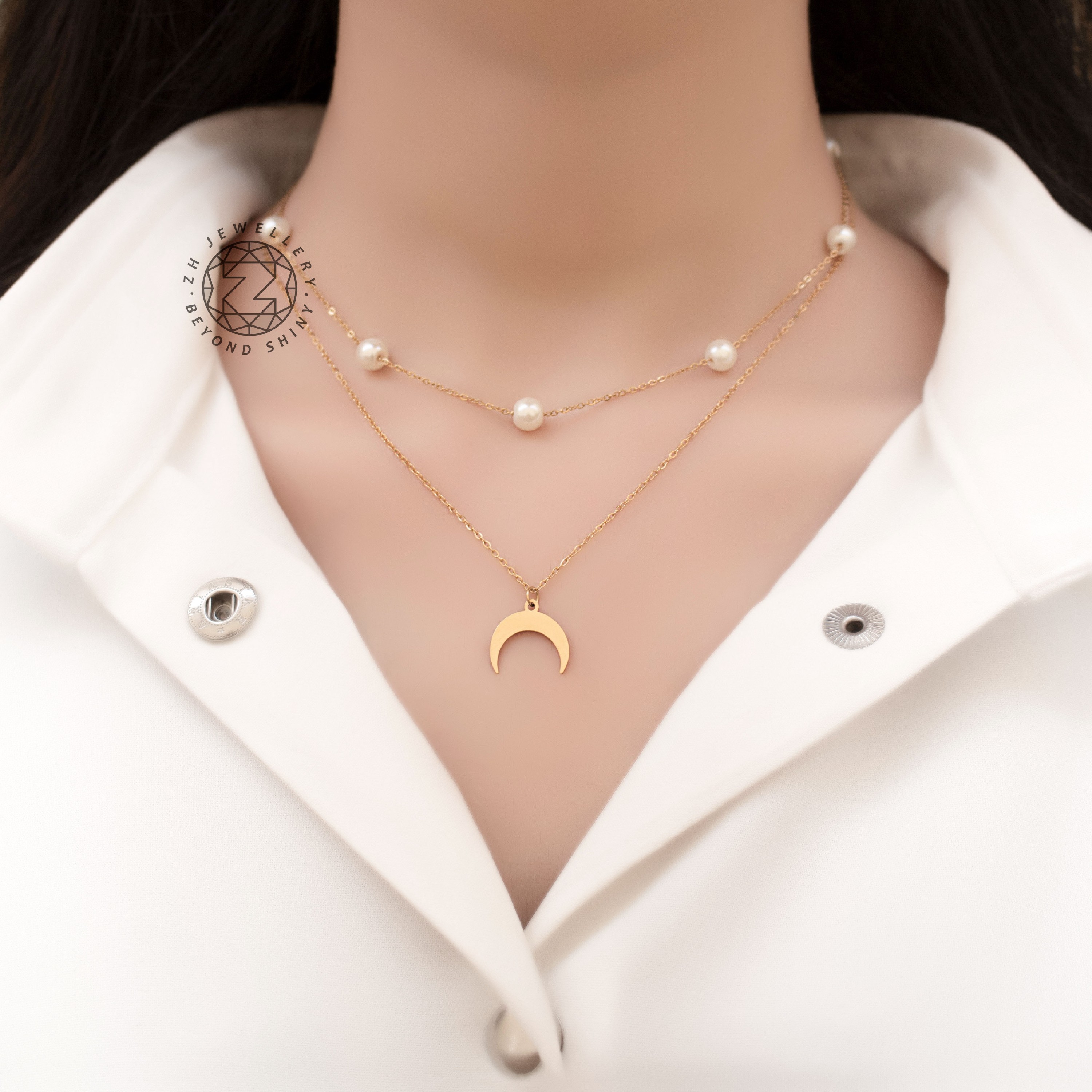 گردنبند زنانه ماه و مروارید دوردیف (جنسش استیله و رنگ ثابته)