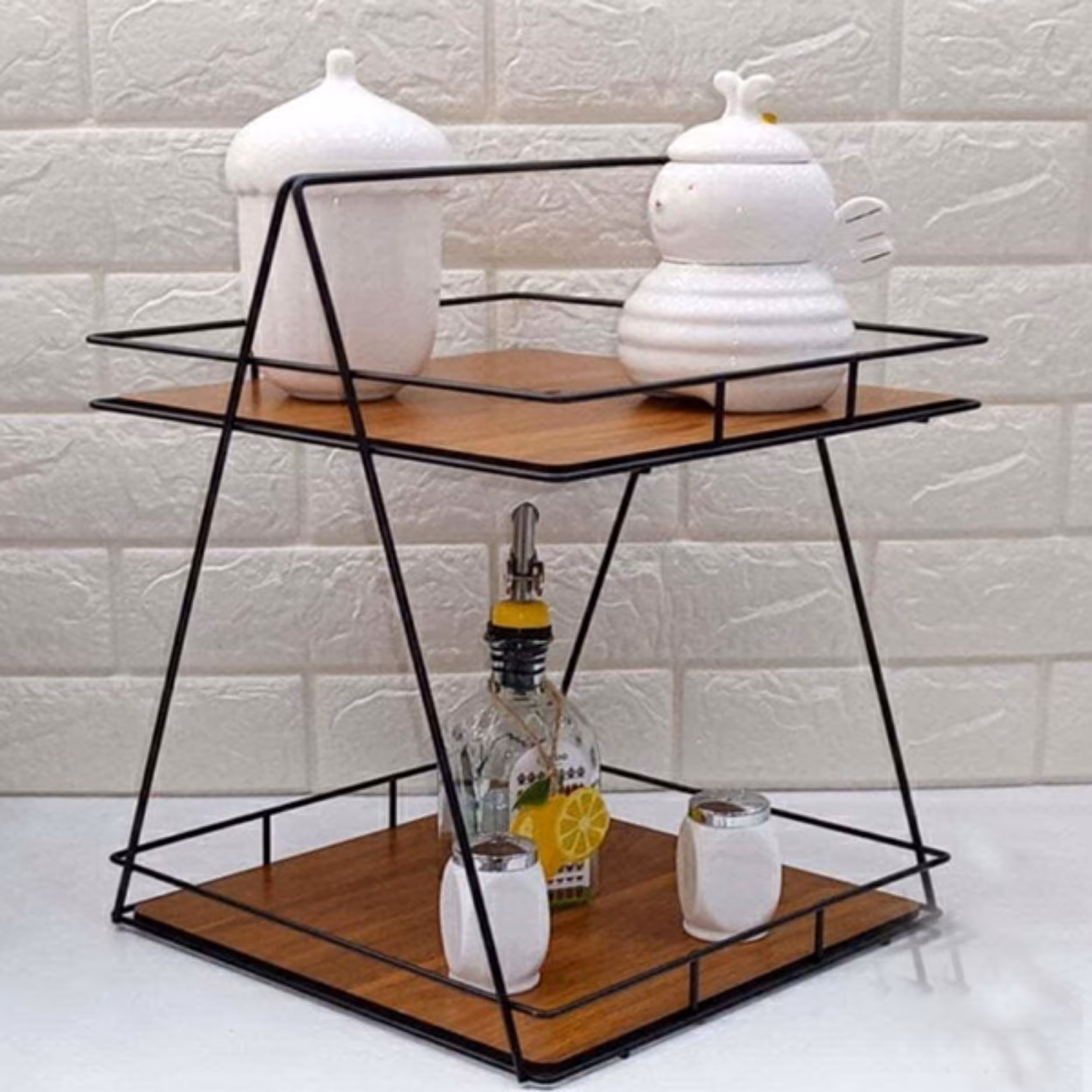 استند پذیرایی دو طبقه فلزی کف چوبی