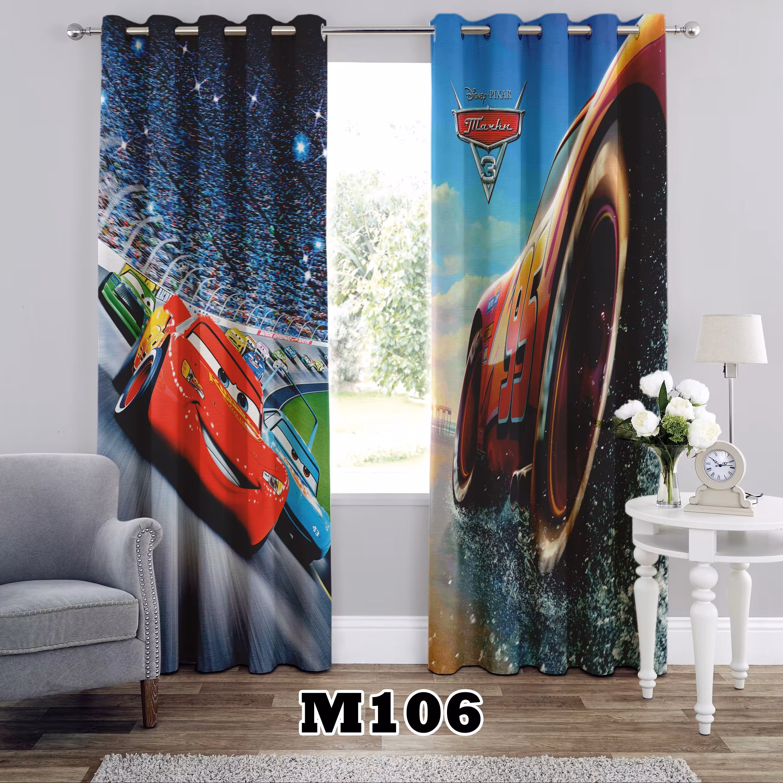 پرده چاپی پانچی طرح مکویین کد M106 تک قواره ارتفاع 300 عرض 140 سانت