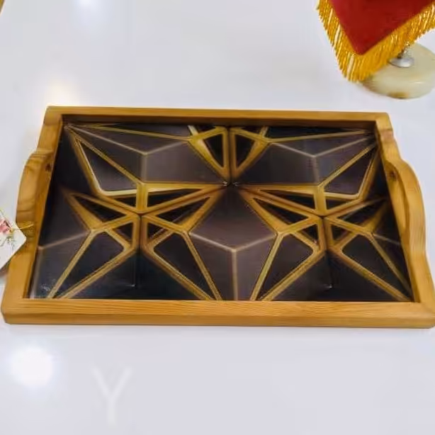 سینی چوبی کف شیشه جنس شیشه چوب گردو قابل شستشو هزینه ارسال به عهده مشتری و پس کرایه