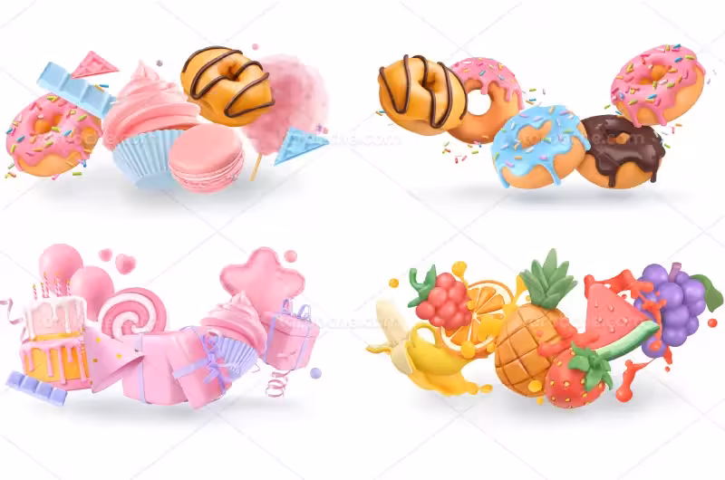 وکتور سه بعدی شیرینی و کیک و میوه | گرافیک با طعم تربچه