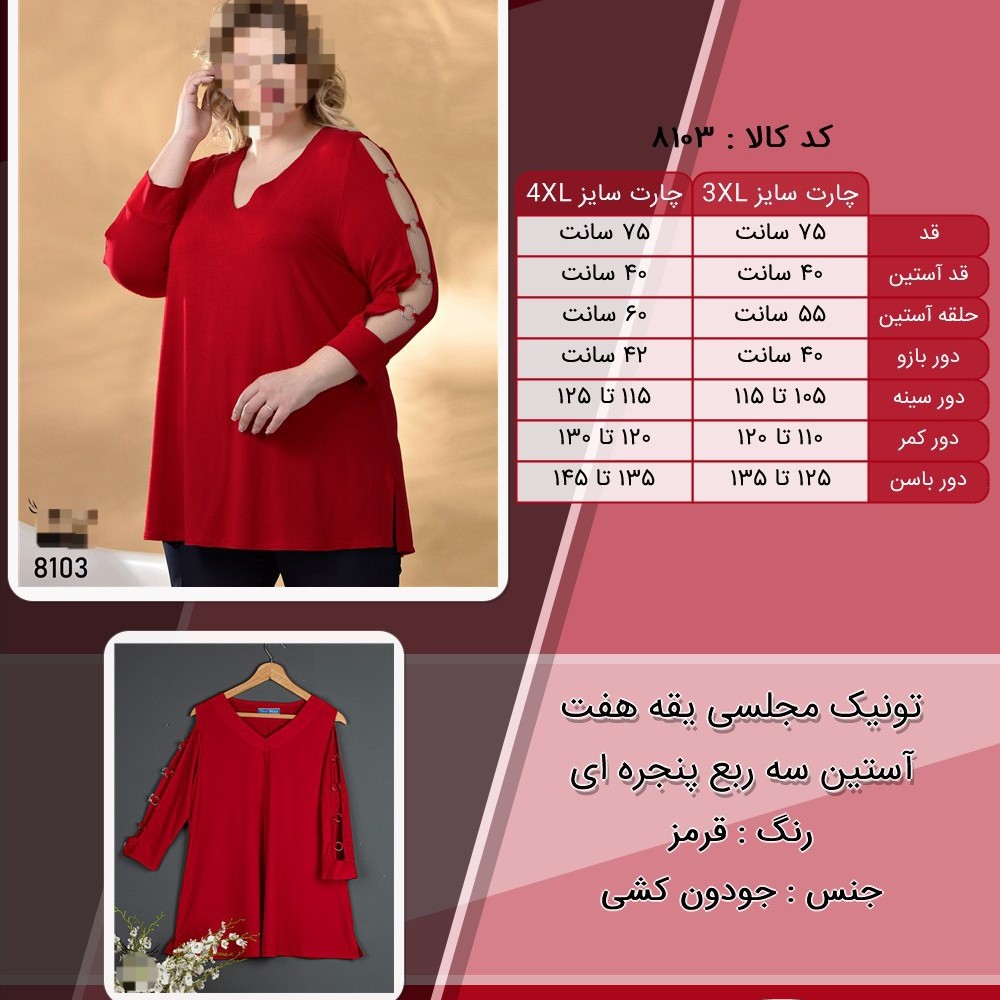 تونیک مجلسی یقه هفت آستین سه ربع پنجره ای
جودون کشی
سایز 3XL و 4Xl