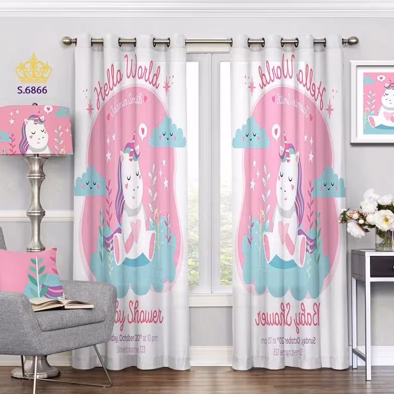 پرده اتاق خواب کودک دو قواره پانچ طرح اسب کوچولوی تک شاخ کد S6866